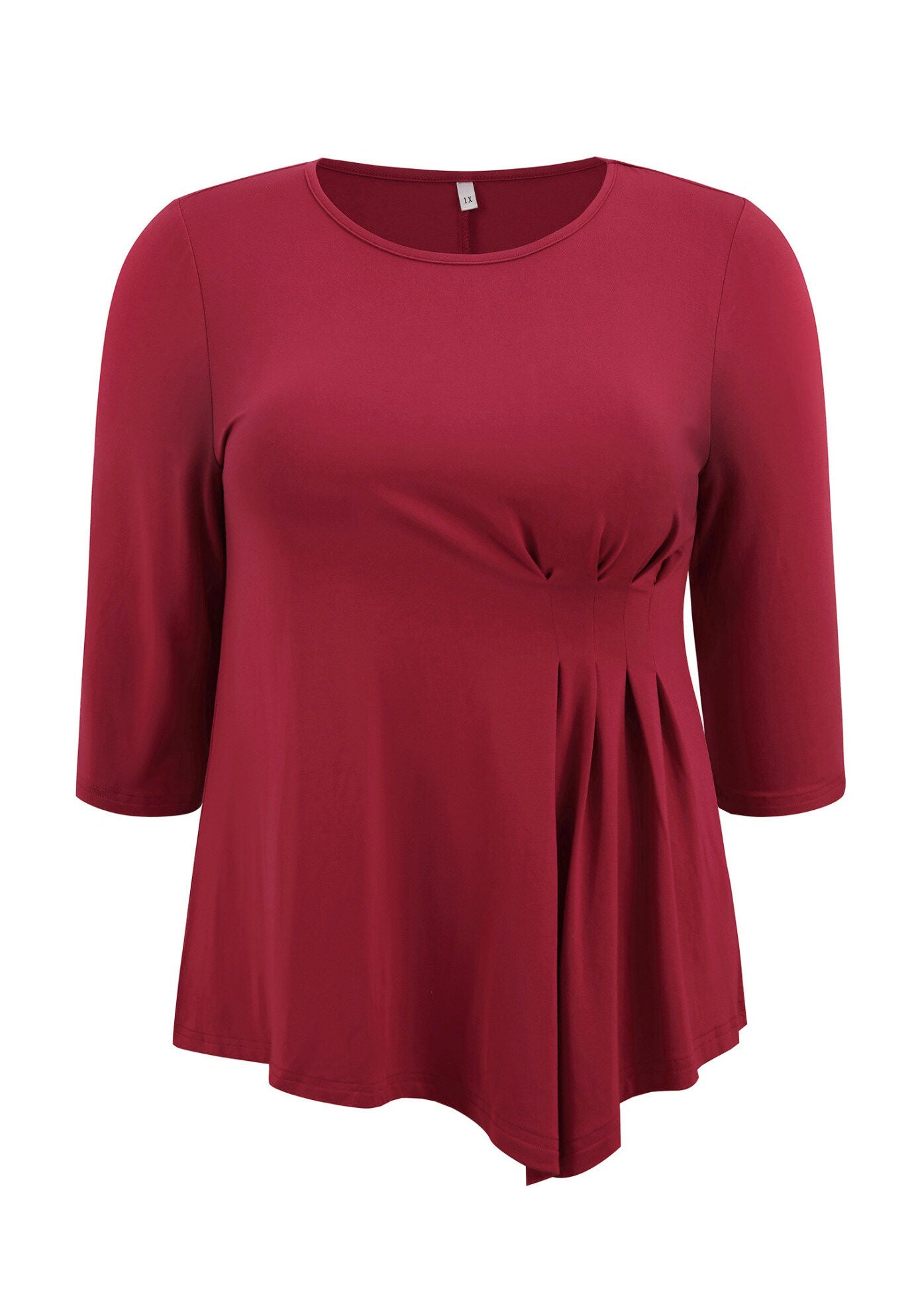 Crew Neck 3/4 Sleeve Waist Pleated Asymmetric Hem Loose Fit Blouse, Red / Red, alternate image number 3