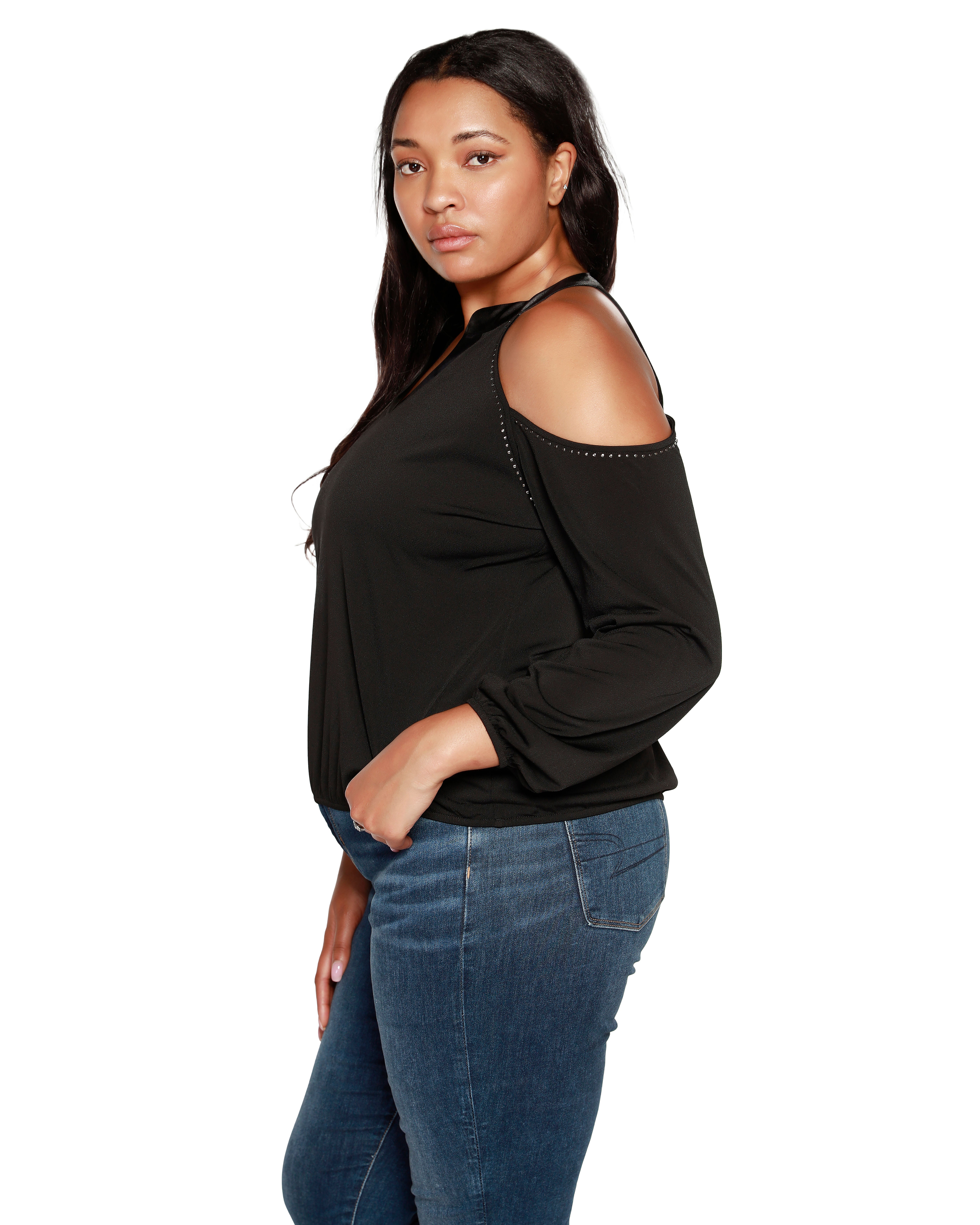 Studded Cold-Shoulder Top, Black / Black, alternate image number 1