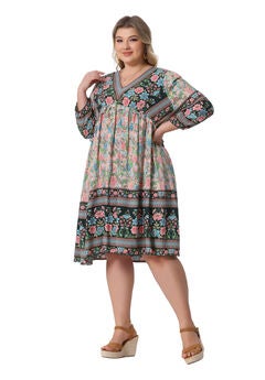 Boho Floral V Neck 3/4 Sleeve Mini Short Dress