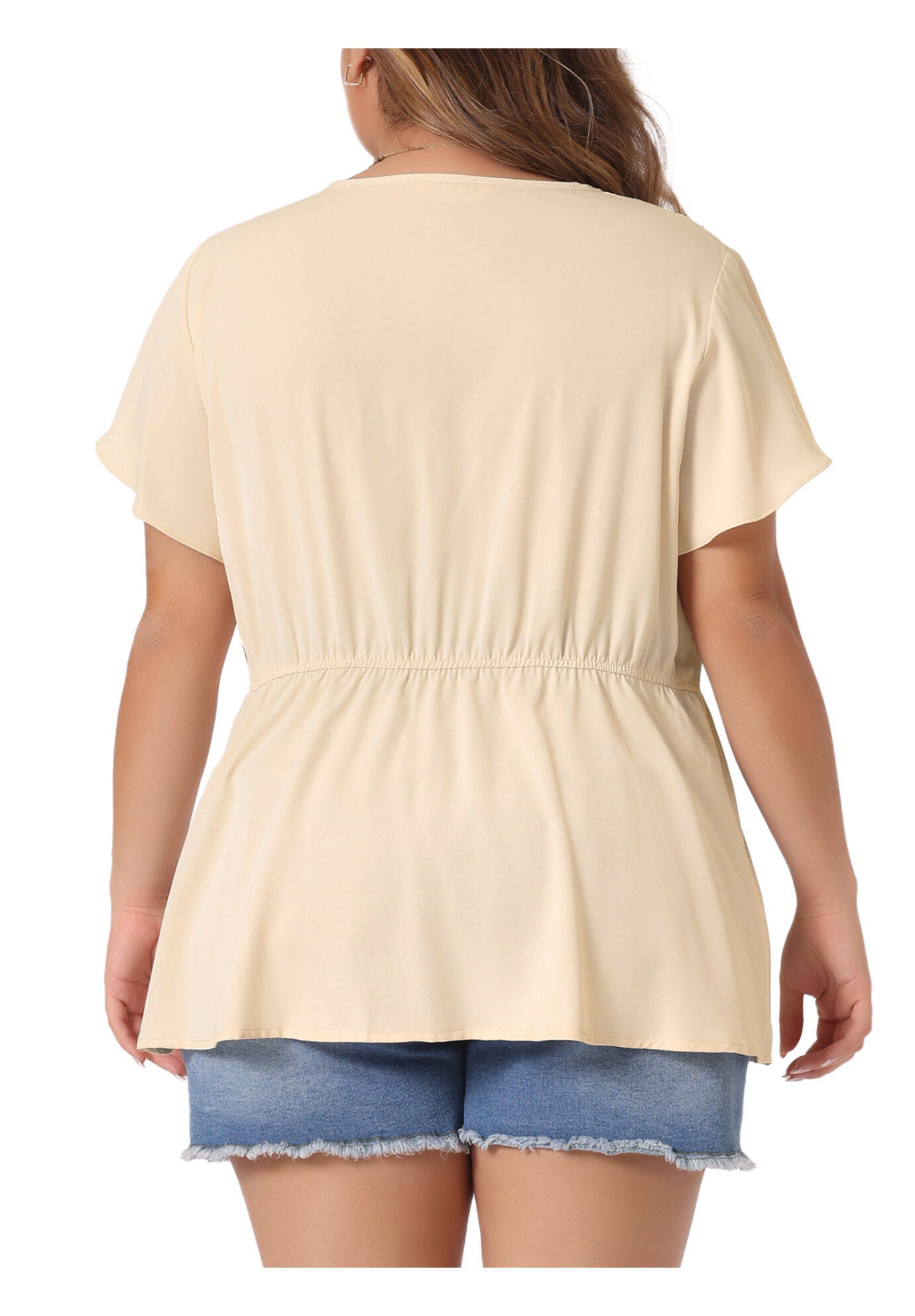 Button Down V Neck Blouse Shirt Short Sleeve Flare Peplum Top, Beige / Beige, alternate image number 3