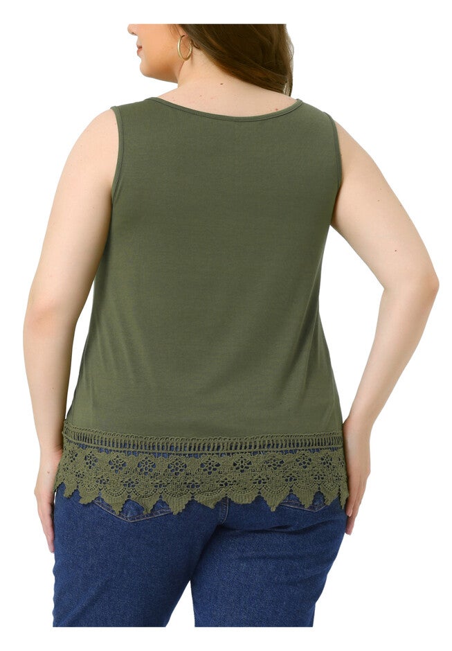 Round Neck Sleeveless Swing Lace Panel Flowy Top, Army Green / Olive Green, alternate image number 3