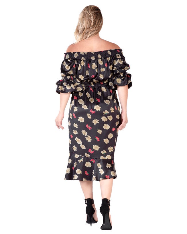 Eudora Womens Plus Size Floral Print High-End Satin Midi Dress, BLKSPARKLER / Black, alternate image number 3
