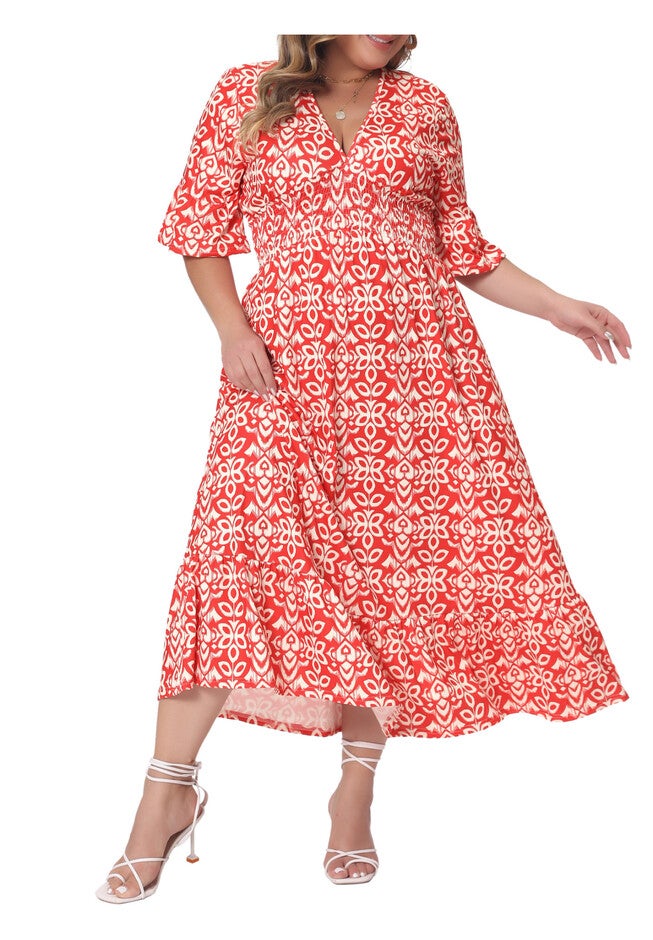 Bell Sleeve Ruffled Hem V Neck Short Sleeve Boho A Line Long Dress, Red / Red, alternate image number null