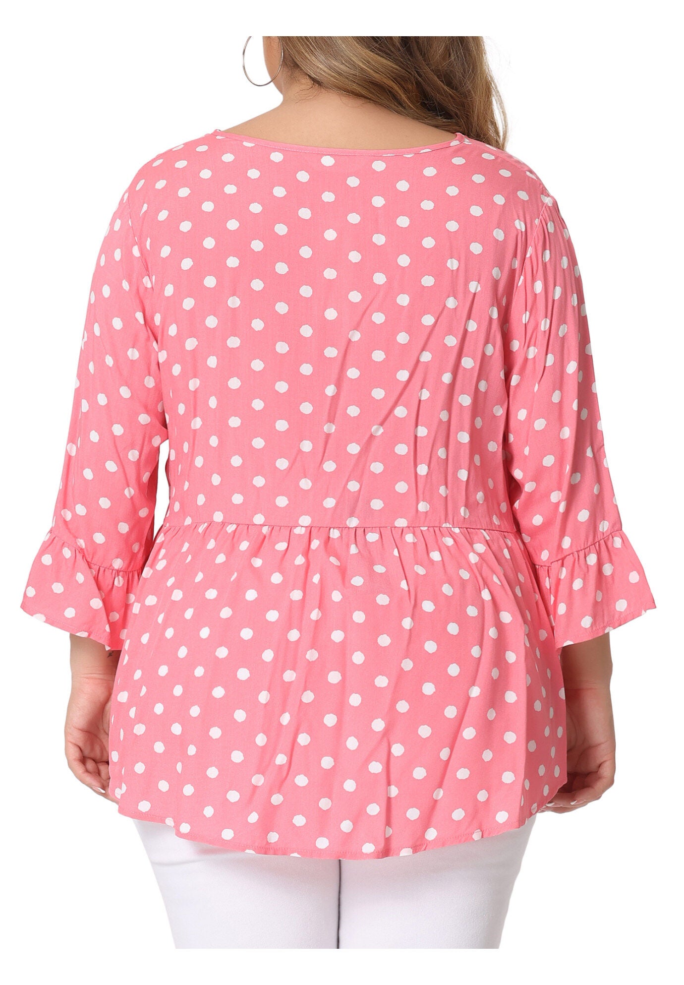 Polka Dots Blouse 3/4 Ruffle Sleeve Peplum Top, Pink / Pink, alternate image number 4