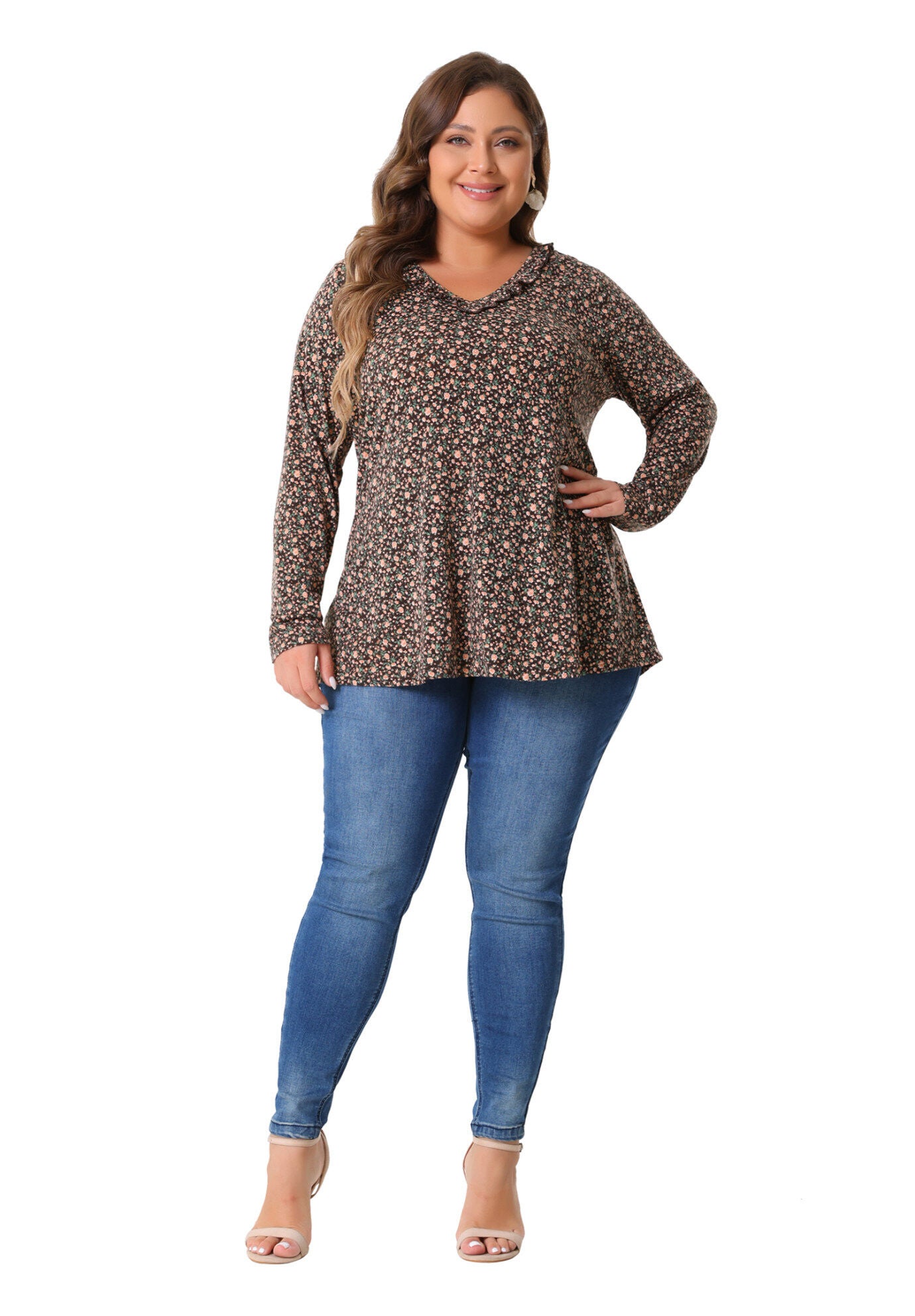 Floral V Neck Long Sleeve Ruffle Tunic Blouse Top, Brown Orange / Burnt Orange, hi-res image number 0