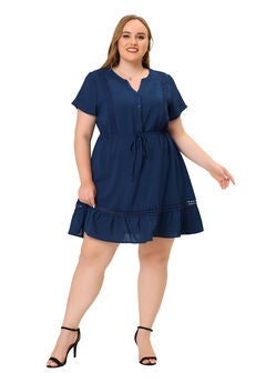 Button V Neck Summer Midi Ruffle A Line Swing Dress