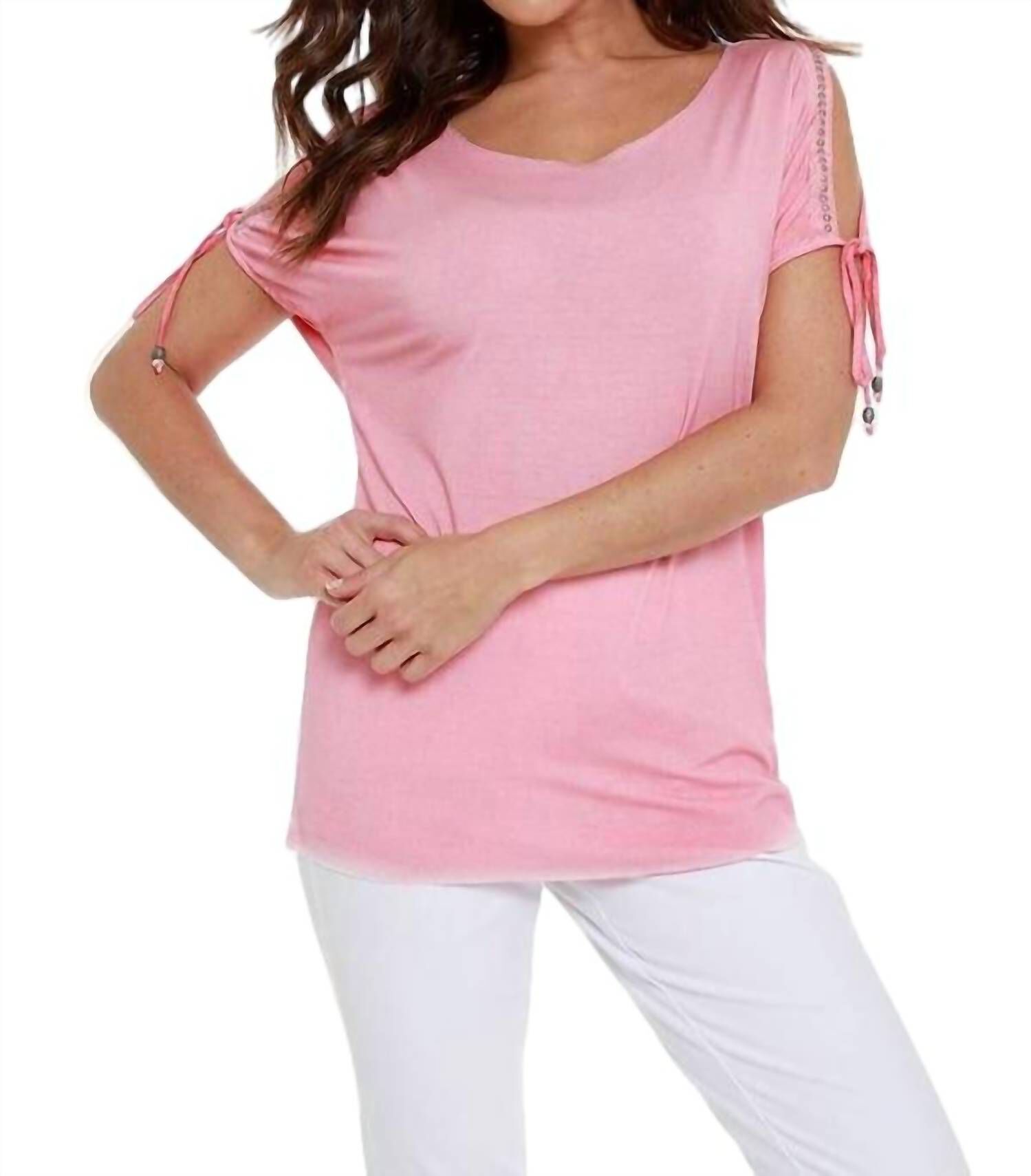 BEADED COLD SHOULDER TOP IN CORAL, Coral / Pink, hi-res image number 0