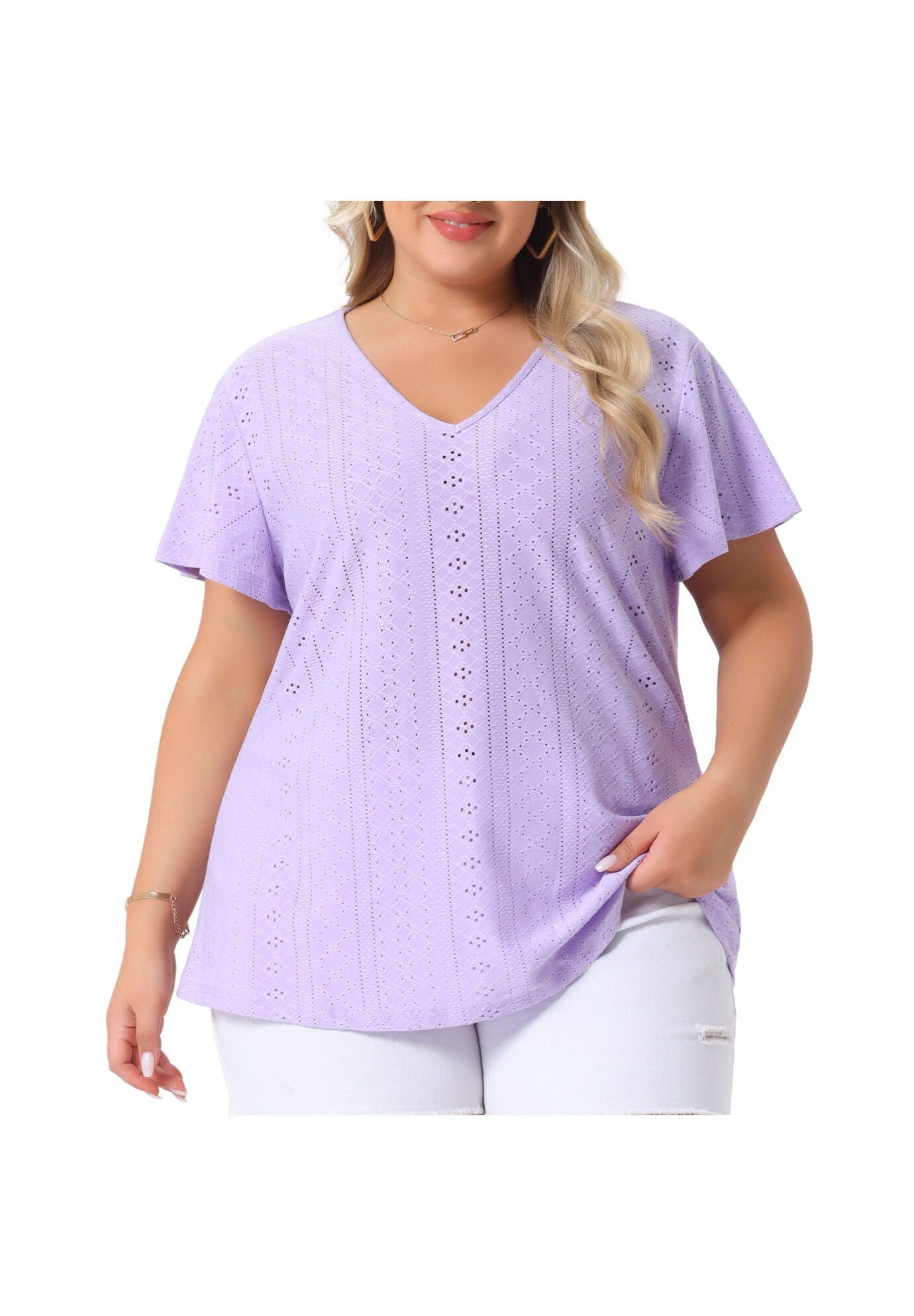 Summer Tee V Neck Hollow Flare Short Sleeve Casual Top Tunic, Light Purple / Purple, alternate image number 2