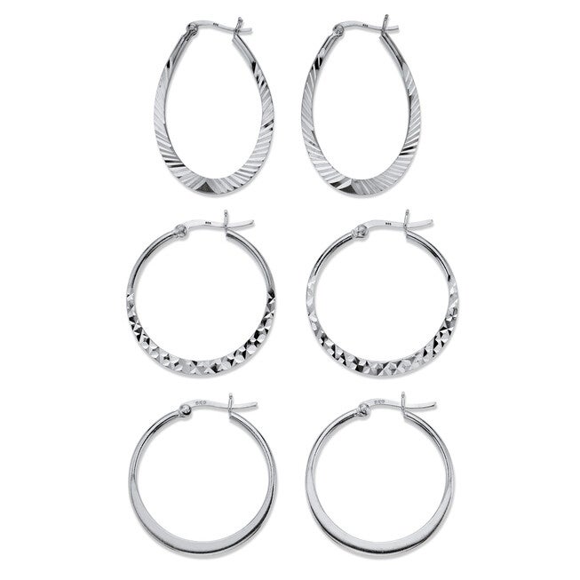 Diamond-Cut .925 Sterling Silver 3-Pair Set of Hoop Earrings 1 inches, White / White, hi-res image number 0