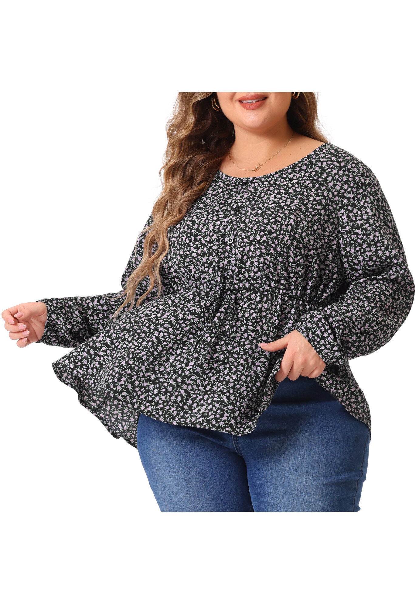 Floral Print Long Sleeves Belt Tie Ruffle Casual Peplum Top, Purple / Purple, alternate image number 2