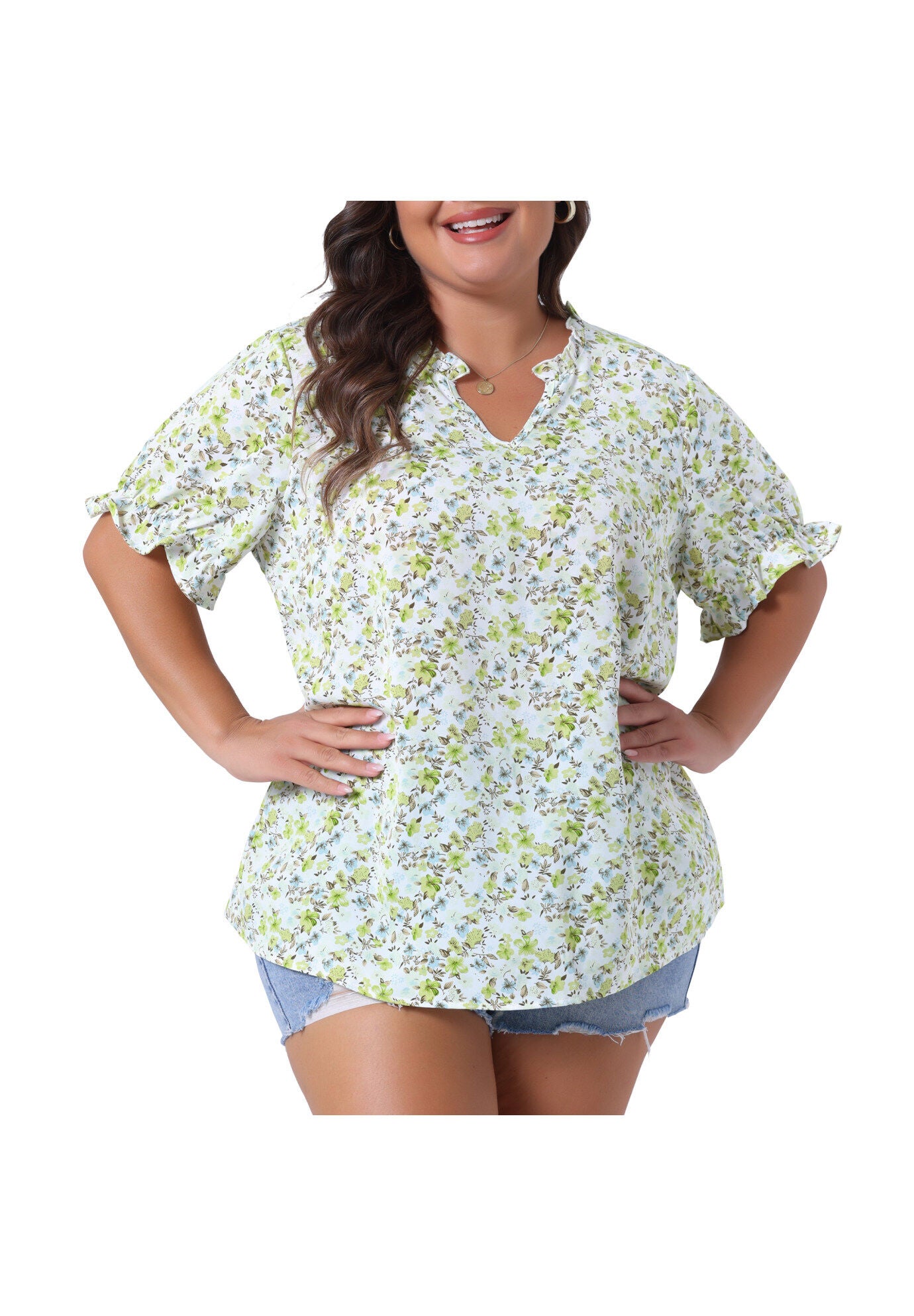 Floral V Neck Ruffle Puff Short Sleeve Blouse, Green / Light Green, alternate image number 2