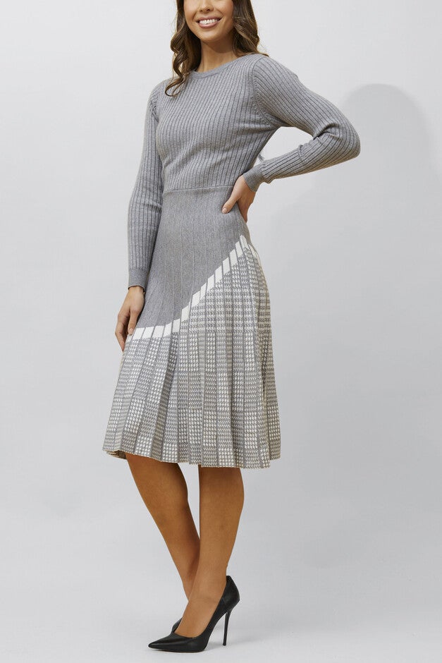 Leslie Dress Knit Prince De Galle Pleated Skirt, Grey / Light Grey, alternate image number 2