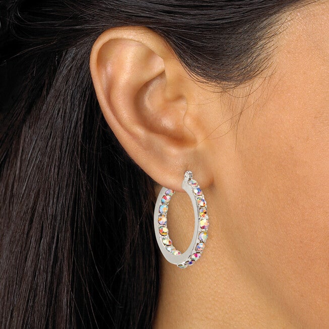 Aurora Borealis Crystal Inside-Out Hoop Earrings in Silvertone, , alternate image number 5