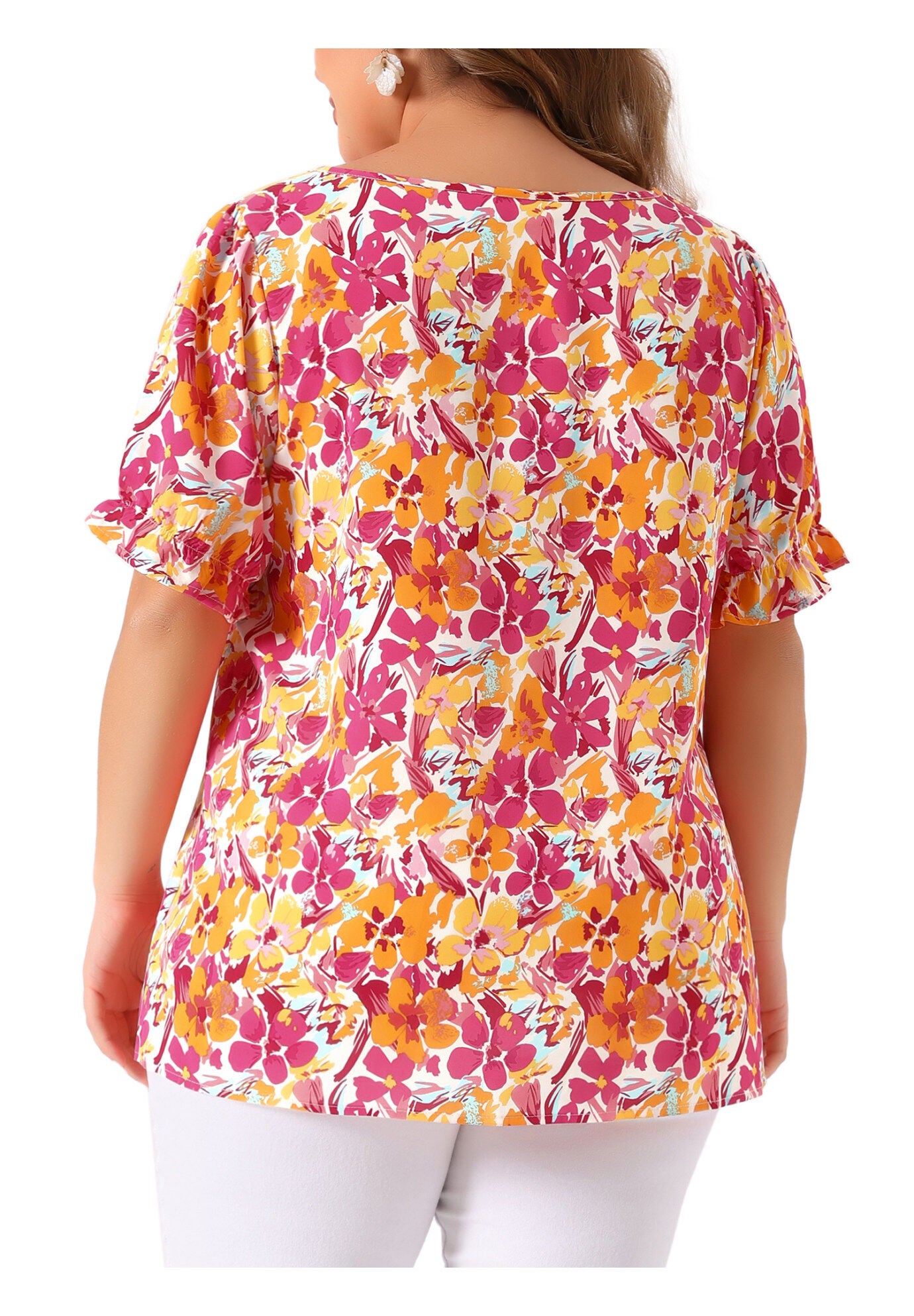 V Neck Ruffle Short Sleeve Chic Summer Blouses, Pink / Pink, alternate image number 3