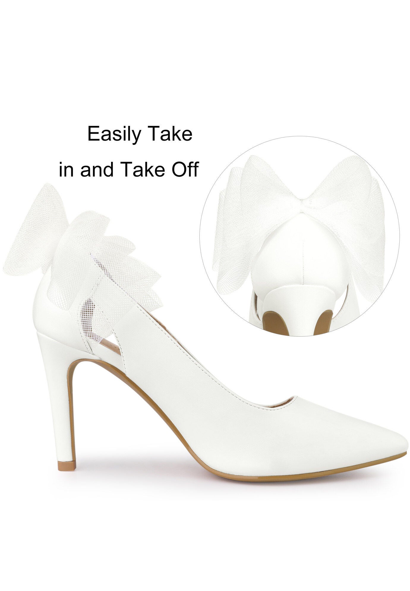 Mesh Bow Pointed Toe Stiletto Heels Pumps, White / White, alternate image number 1