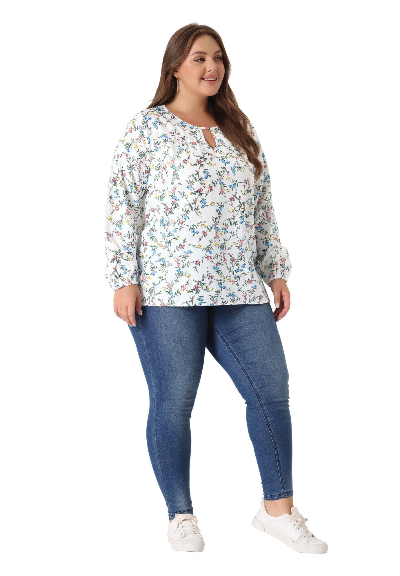 Chiffon Long Sleeve Keyhole Blouse Floral Top, White / White, hi-res image number 0