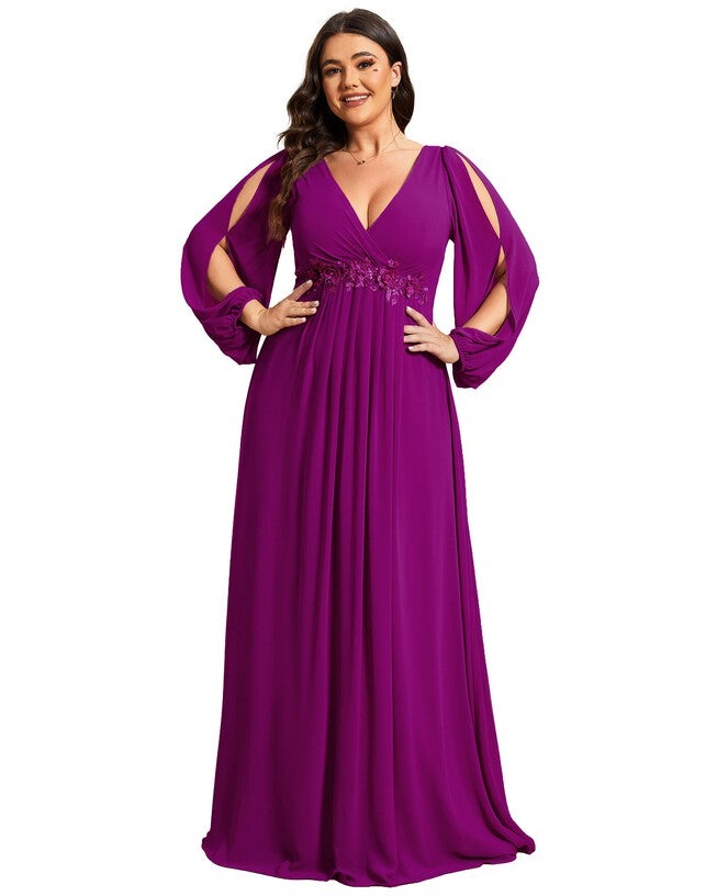 Chiffon V-Neckline Long Sleeve Formal Evening Dress, Fuchsia / Purple, alternate image number 4