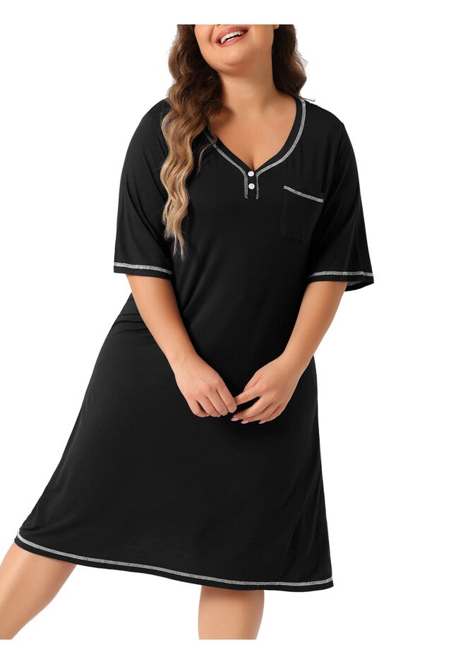 Short Sleeve V Neck Loose Sleepdress, Black / Black, alternate image number 2