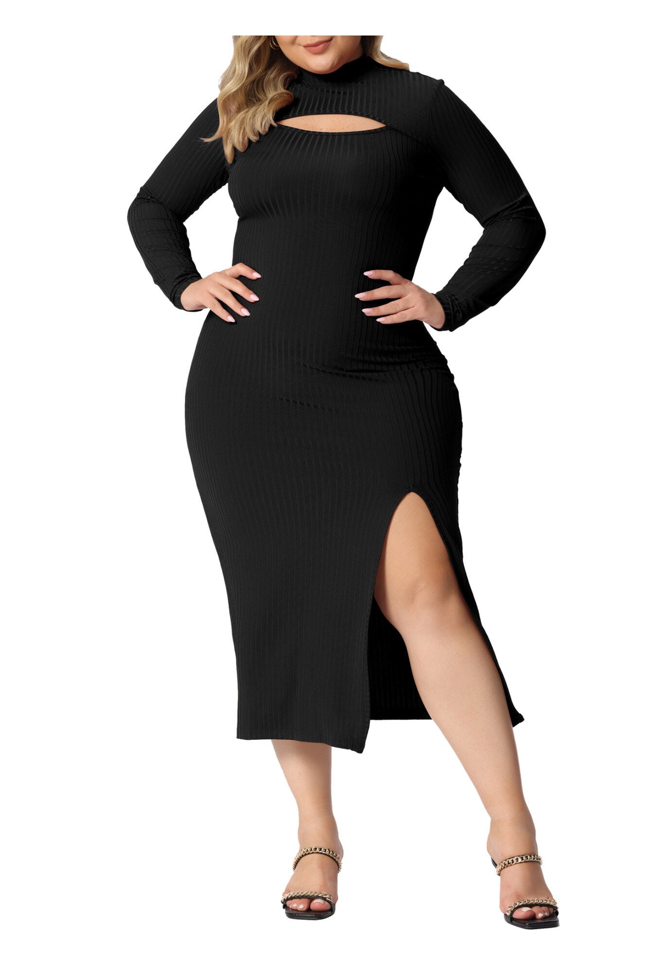 Round Neck Cut Out Front Knee Bodycon Dress, Black / Black, alternate image number 1