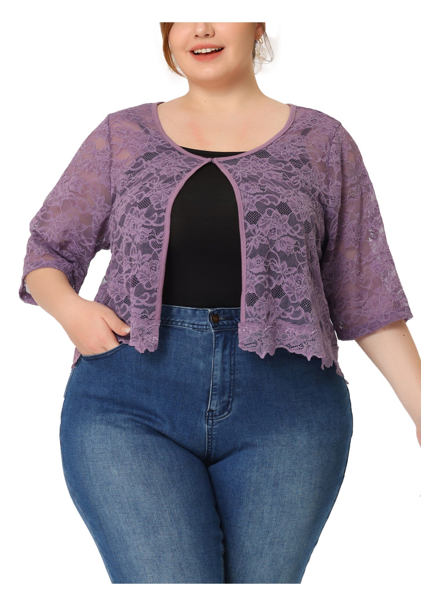 1/2 SLEEVE SHEER LACE BOLERO SHRUG, Purple / Purple, alternate image number 1