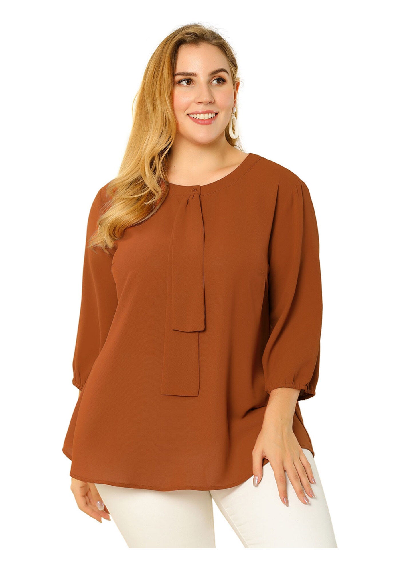 Work Round Neck Ruffle Chiffon Blouse Top, Caramel / Orange, alternate image number 2