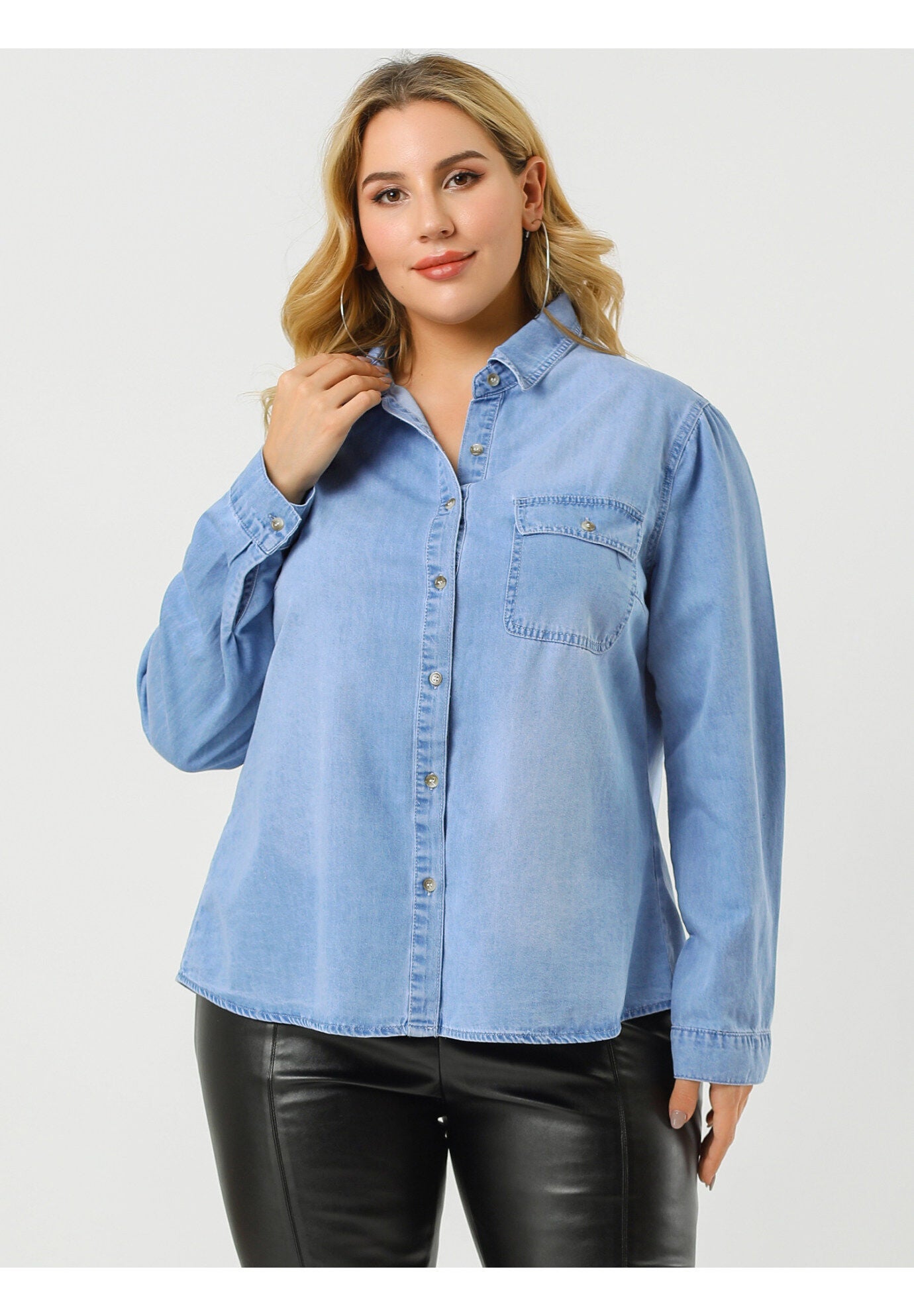 Button Down Long Sleeve Chest Pocket Chambray Shirt, Light Blue / Light Blue, alternate image number 3