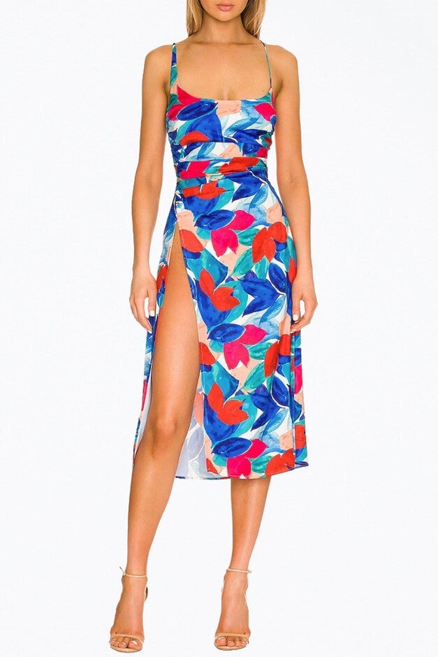 LORENZA OPEN-BACK SATIN MIDI DRESS IN BLUE, Blue / Light Blue, hi-res image number null