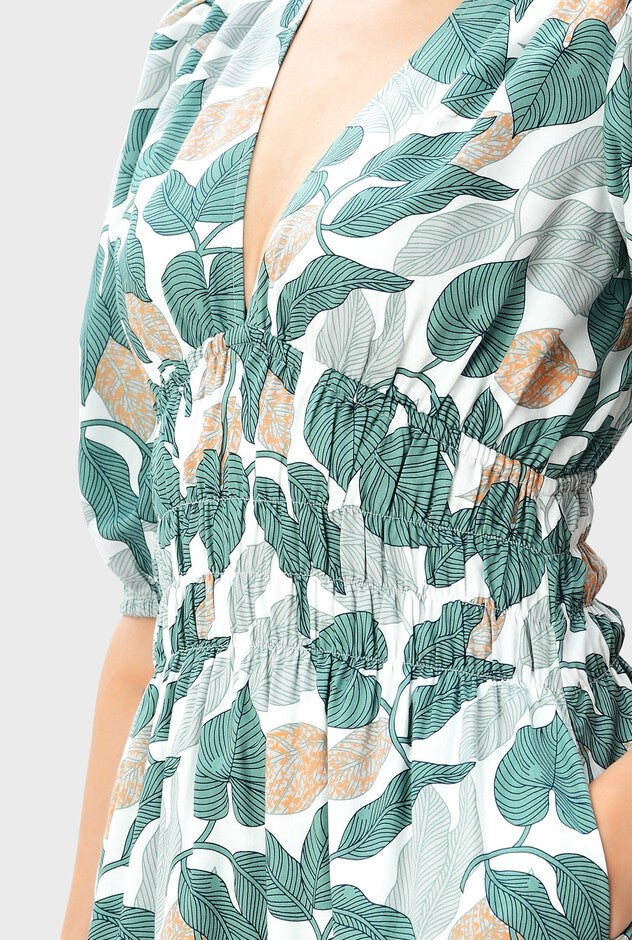 Smocked Empire Waist Leaf Print Cotton Poplin Dress, White / Mint, alternate image number null