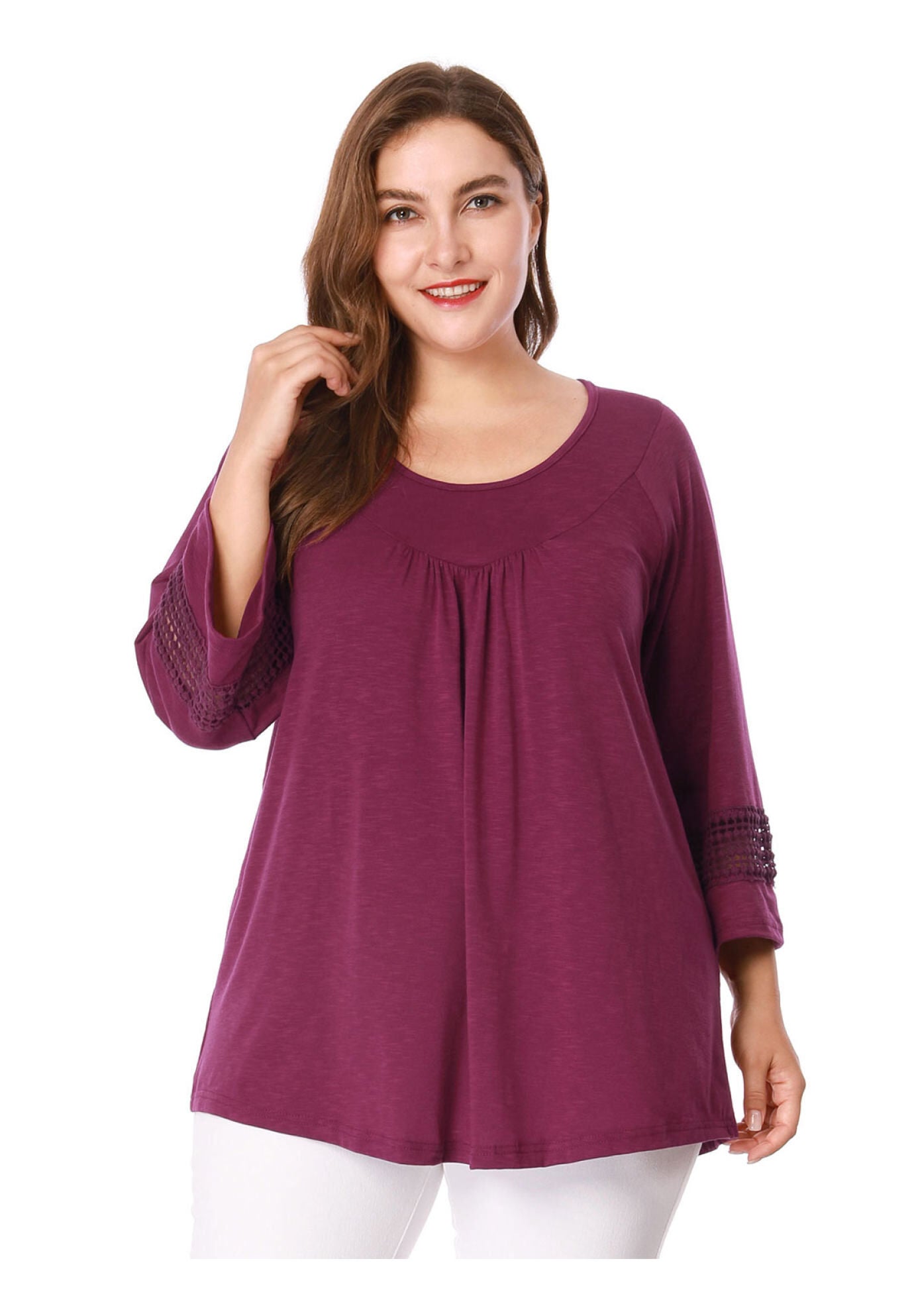 CROCHET PANEL HOLLOW OUT PLEATED TUNICS BLOUSE TOP, Purple / Purple, alternate image number 2