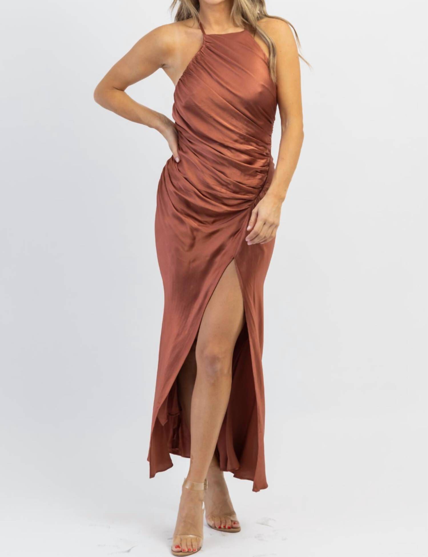 BILTMORE SATIN SHIRRING DRESS IN RUST, Rust / Orange, hi-res image number 0