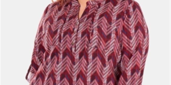 NY Collection Women's Plus Printed Band Collar Shirt Pink Size 1X, Pink / Pink, alternate image number null