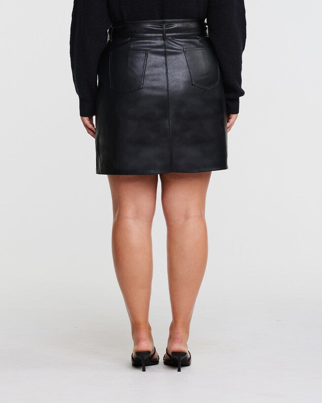 Black PU Vegan Leather Belted Skirt, BLACK / Black, alternate image number 1