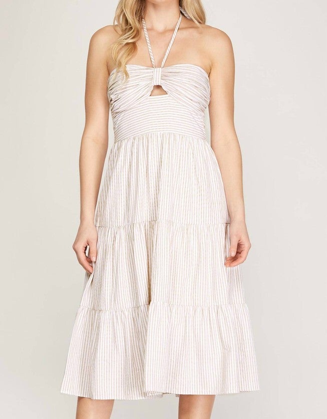 TALLULAH FALLS SLEEVELESS HALTER MIDI DRESS IN WHITE/TAN, WhiteTan / White, hi-res image number 0