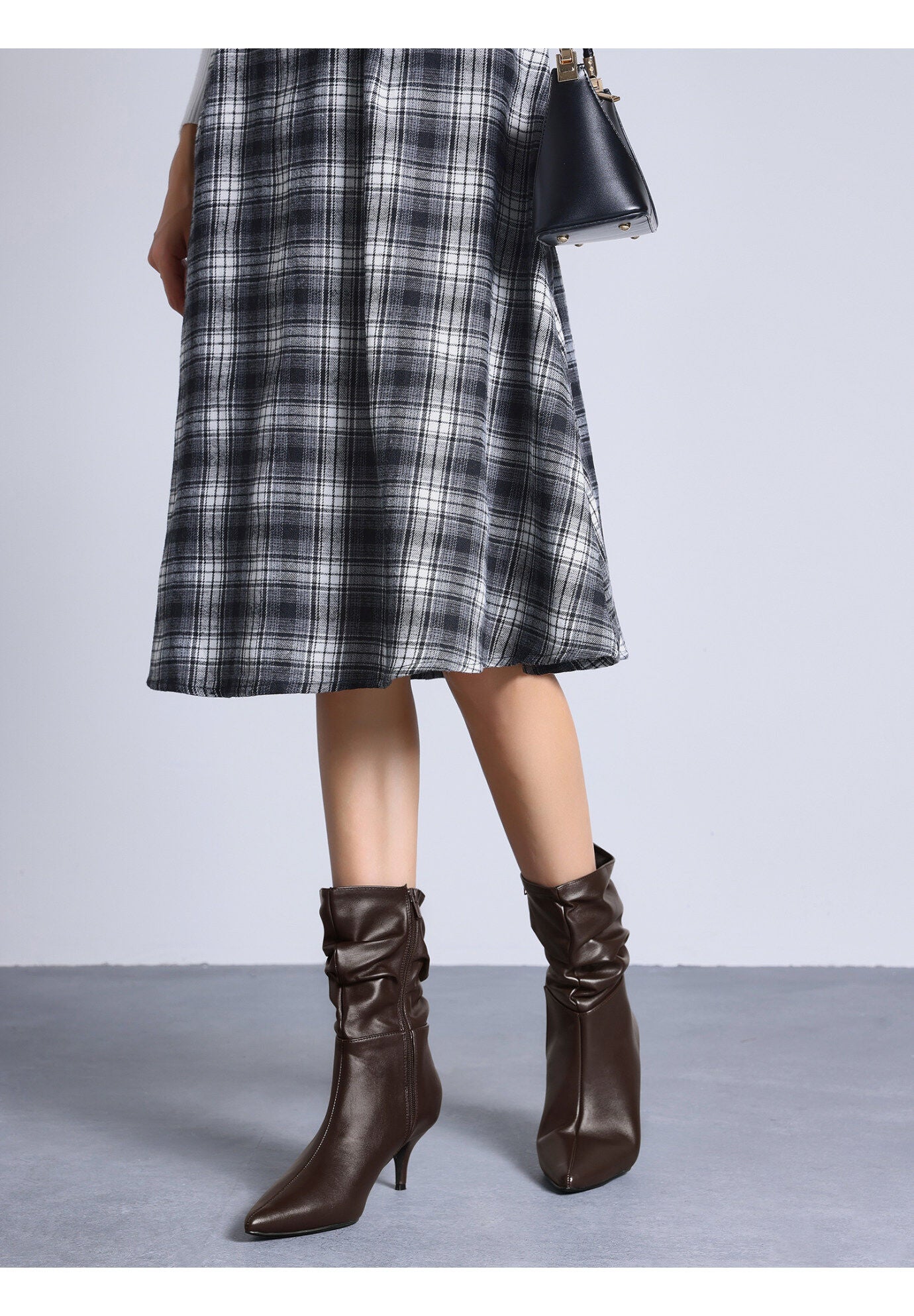 Pointed Toe Slouch Kitten Heel Mid-Calf Boots, Dark Brown / Brown, alternate image number 1