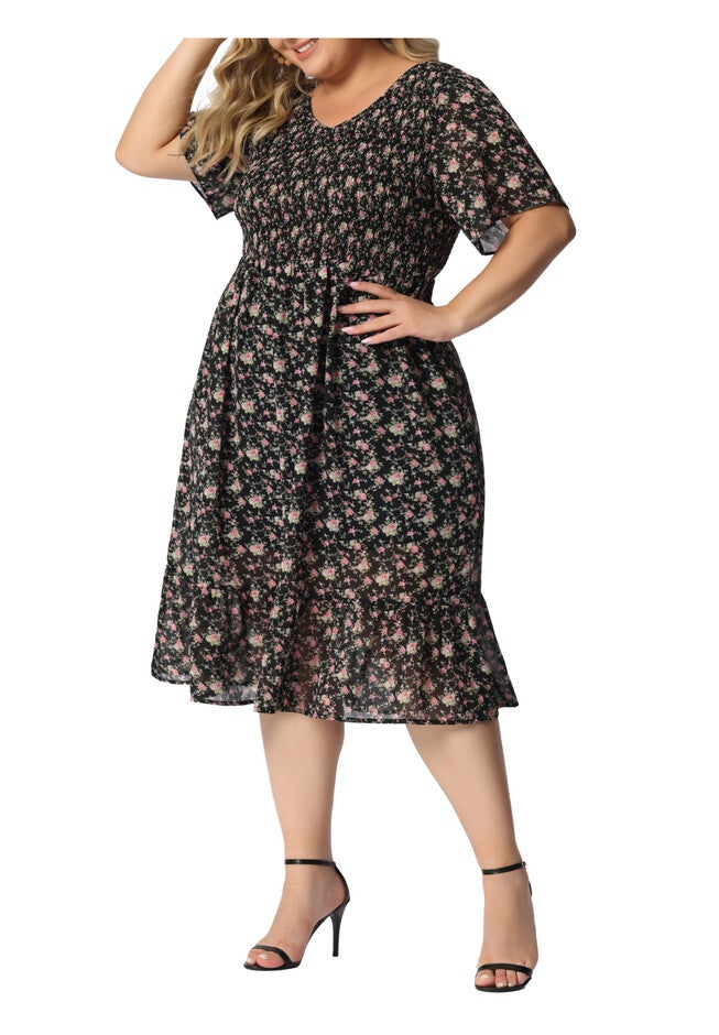 Flare Smock Ruffle Chiffon Floral Midi Dress, Black / Black, alternate image number null