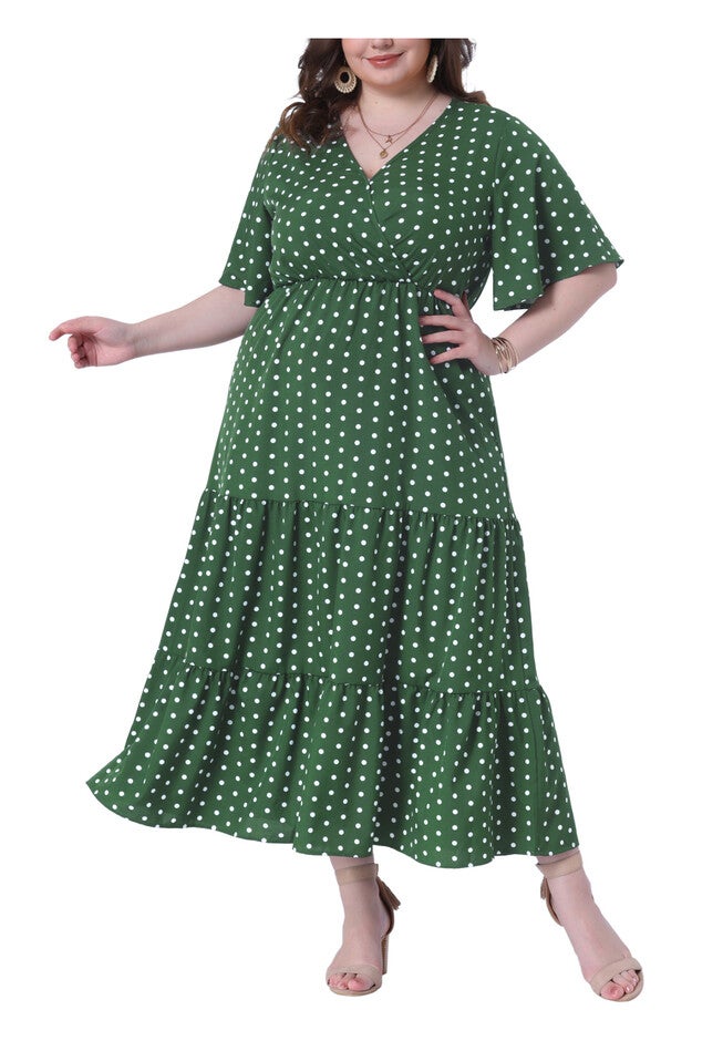 Wrap V Neck Polka Dots A-Line Tiered Summer Maxi Dress, Olive Green / Olive Green, alternate image number 1
