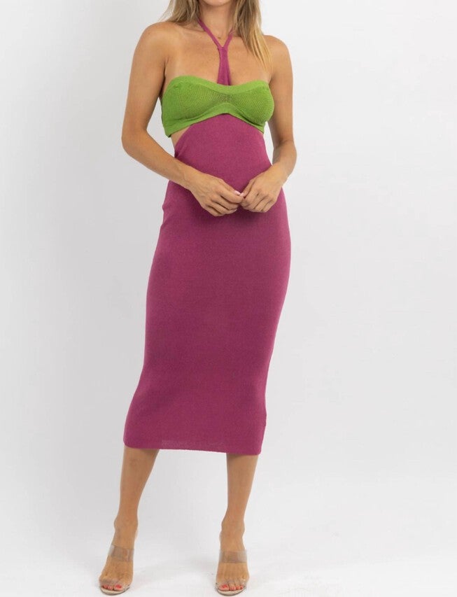 OSAKA HALTER NECK MIDI DRESS IN PURPLE & GREEN, Purple Green / Purple, hi-res image number 0