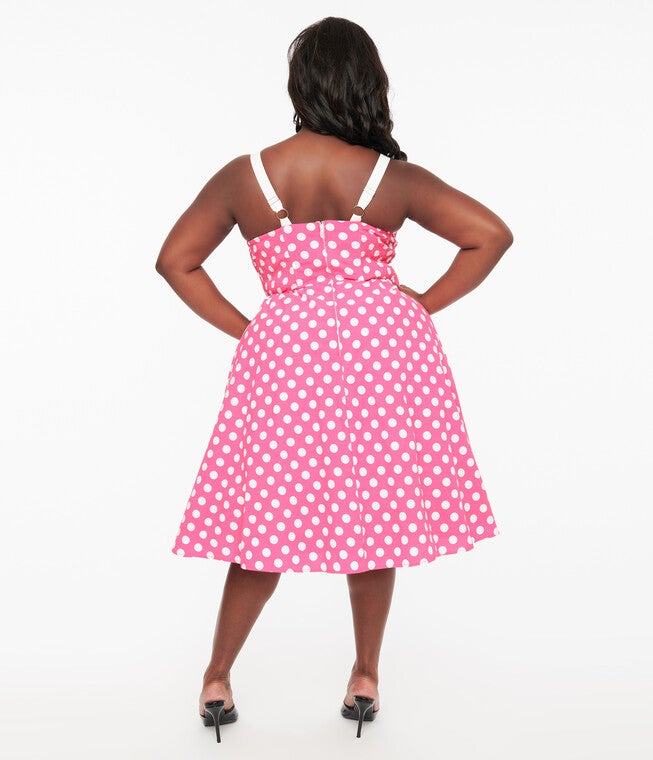 Unique Vintage 1950s Hot Pink & White Polka Dot Cotton Swing Dress, Pink  White Polka Dots / Pink, alternate image number 1