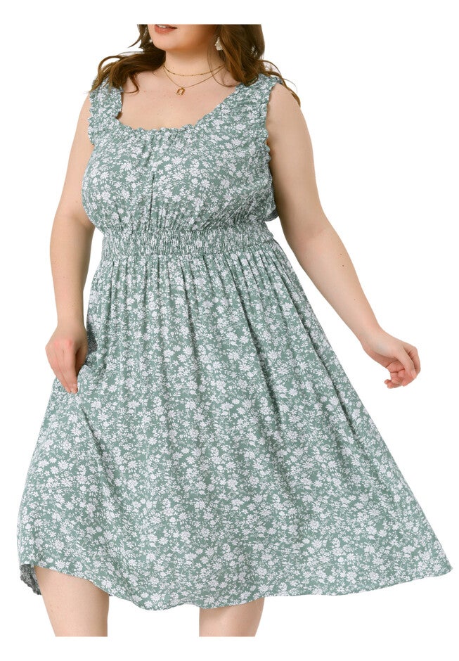 Square Neck Sleeveless Floral Flowy Stretchy Waist Midi Summer Dress, Green White / Light Green, alternate image number null