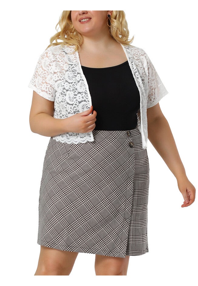OPEN FRONT SHORT SLEEVE CROCHET LACE CROPPED BOLERO SHRUG CARDIGAN, White / White, alternate image number 1