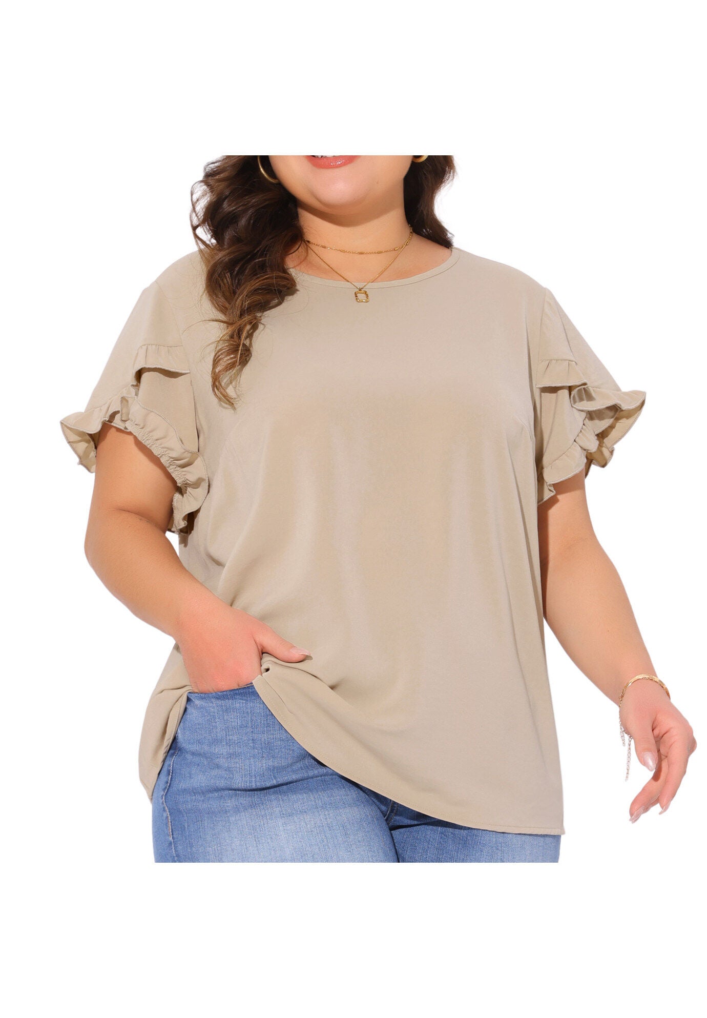 Crewneck Ruffle Short Sleeve Loose Blouse, Deep Apricot / Beige, alternate image number 2