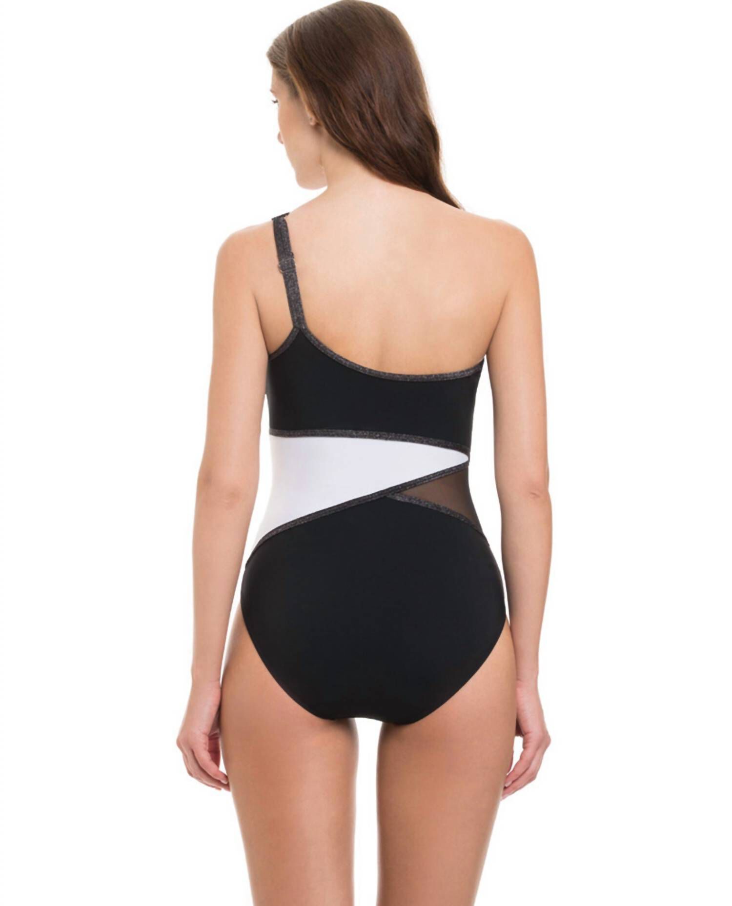 ONE SHOULDER MESH INSET ONE PIECE SWIMSUIT, Pro Stargazer Black White / Black, alternate image number 1