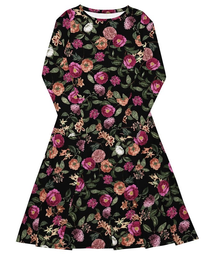 Dark Tropic Romance Long Sleeve Midi Dress, Black / Black, hi-res image number null