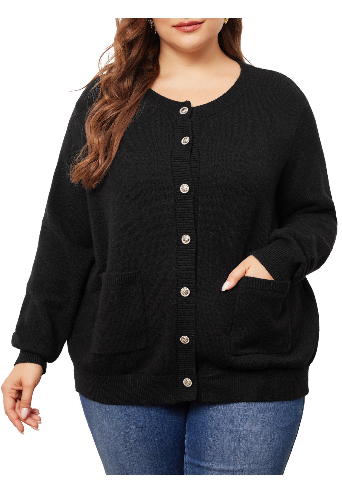 Button Down Crew Neck Sweater Knit Cardigan, Black / Black, alternate image number 2