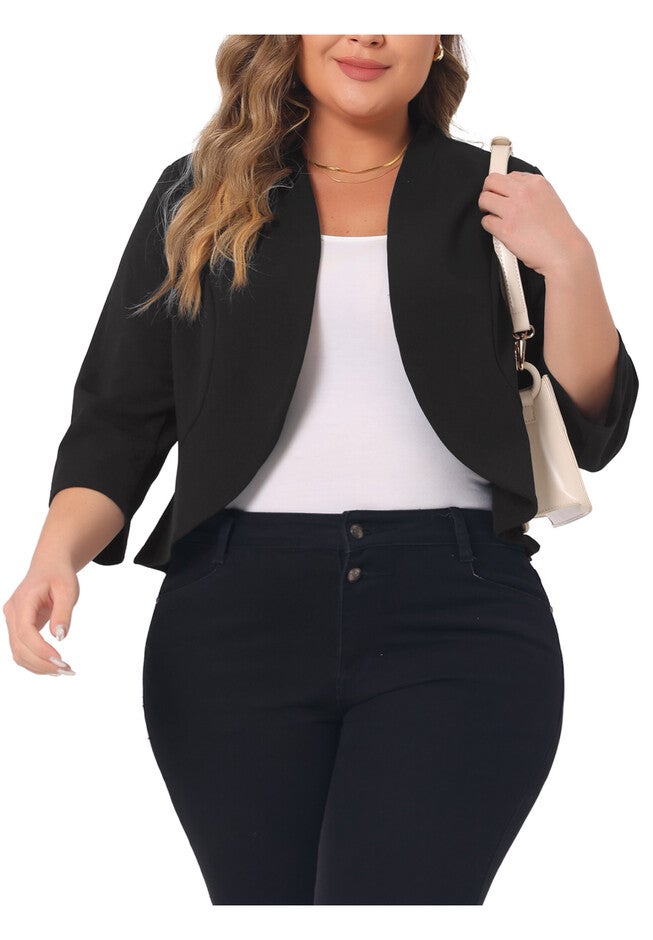 OPEN FRONT 3/4 SLEEVE SUIT BLAZER, Black / Black, hi-res image number 0