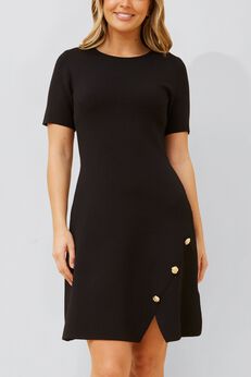 Cleo Black A-Line Dress Short Sleeves Gold Button Front Detail