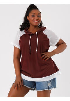 SHORT SLEEVES DRAWSTRING LOOSE RAGLAN HOODIE TOP