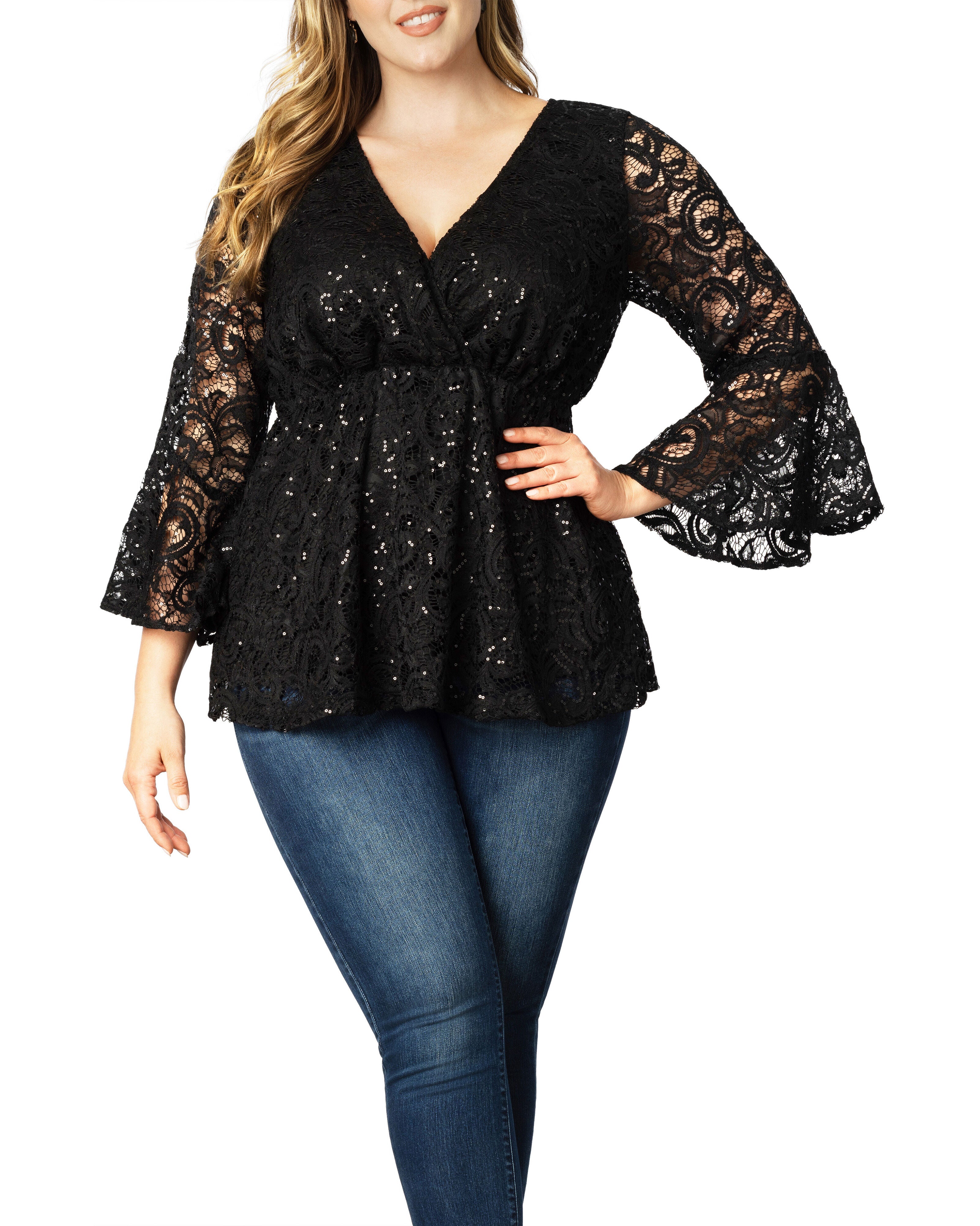 Sequin Sparkle Bell Sleeve Lace Top, ONYX / Black, hi-res image number 0