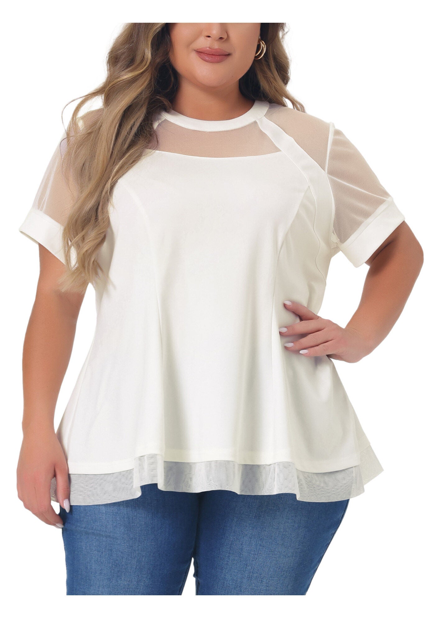 ROUND NECK SHORT SLEEVE MESH SHEER SUMMER PEPLUM TOP, White / White, alternate image number 2