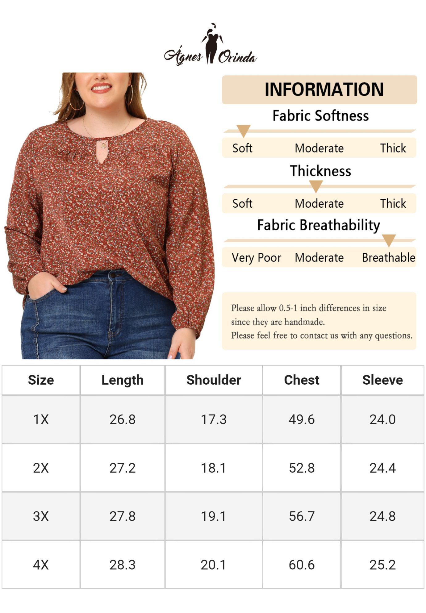 Chiffon Long Sleeve Keyhole Blouse Floral Top, Brown / Brown, alternate image number 4